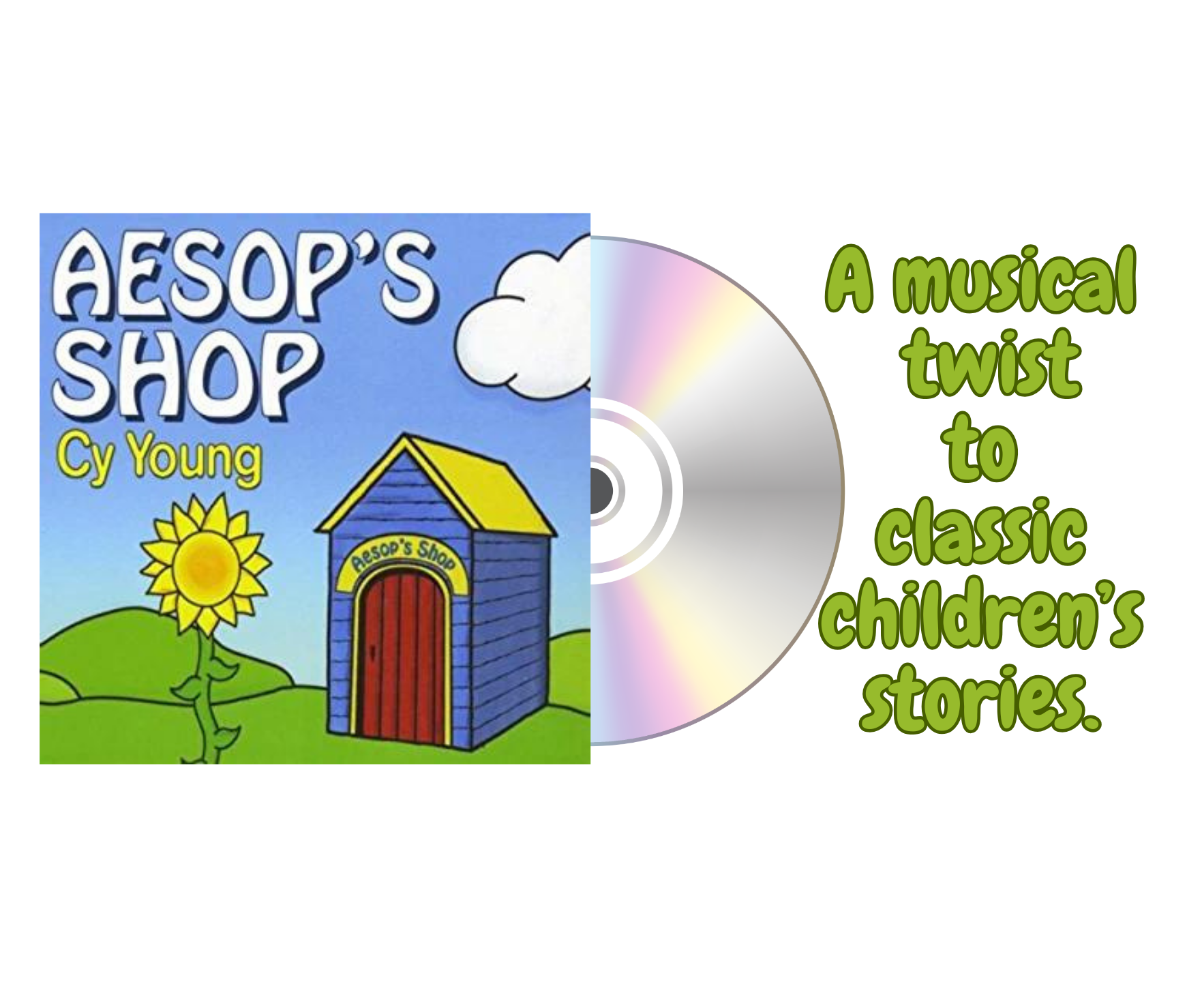 Aesop's Shop CD cover with yellow sunflower and small building