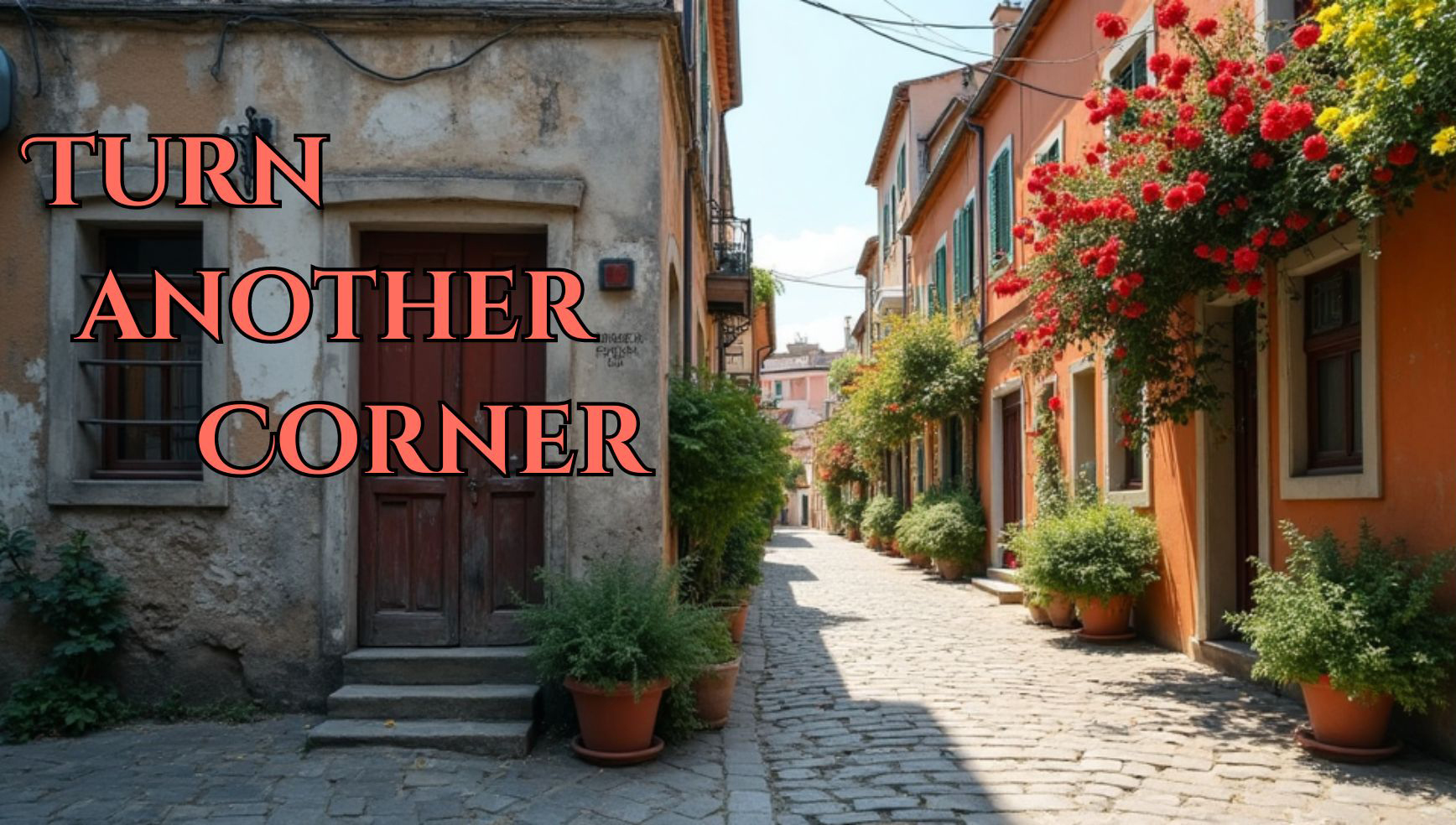 Street corner with dreary building on one side and around the corner is bright, beautiful and filled with flowers