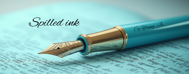 Teal fountain pen resting on handwritten pages. Text: "Spilled Ink, Cy Young, Jr."