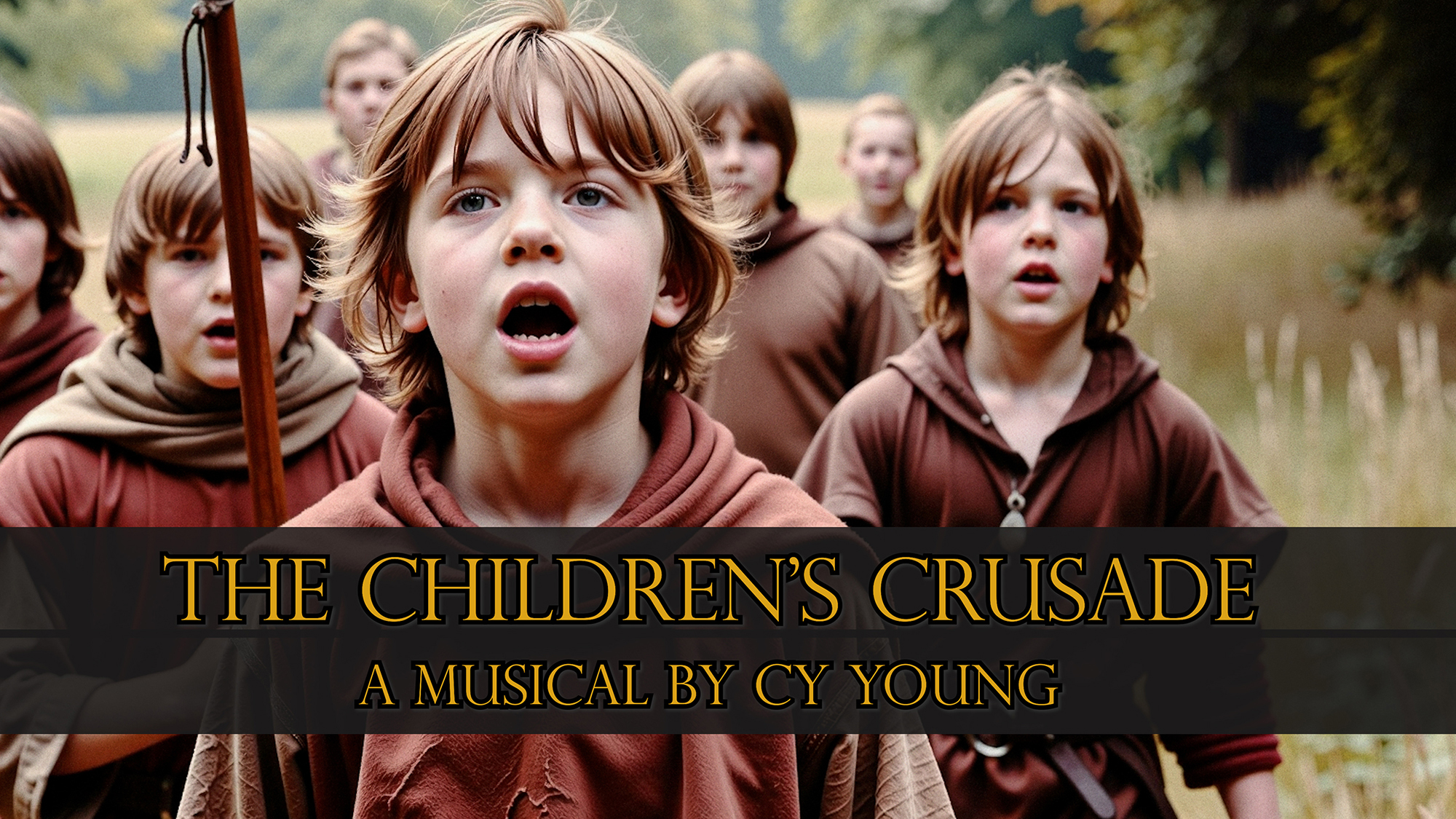 Children dressed in peasant clothing circa 1212,  marching down a road in the Children's Crusades.