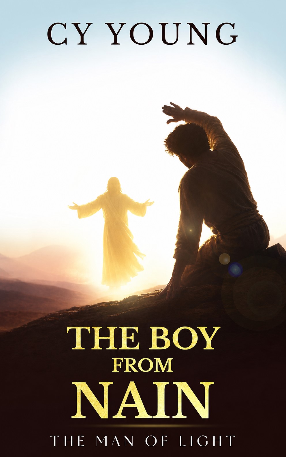 Book Cover for The Boy From Nain by Cy Young, Jesus is glowing while the silhouette of a boy gazes upon him