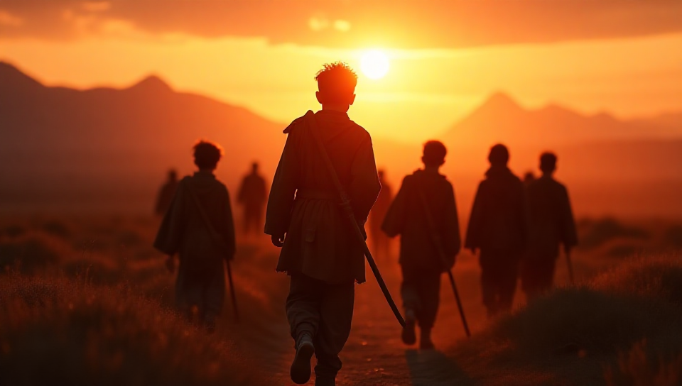 Images of young children dressed in worn clothing circa 1212 walking into the sunset